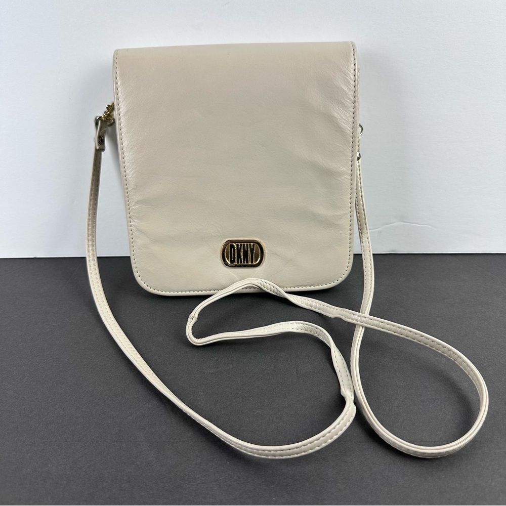 Vintage DKNY Crossbody Bag Off White Leather Flap‎ Handbag Purse